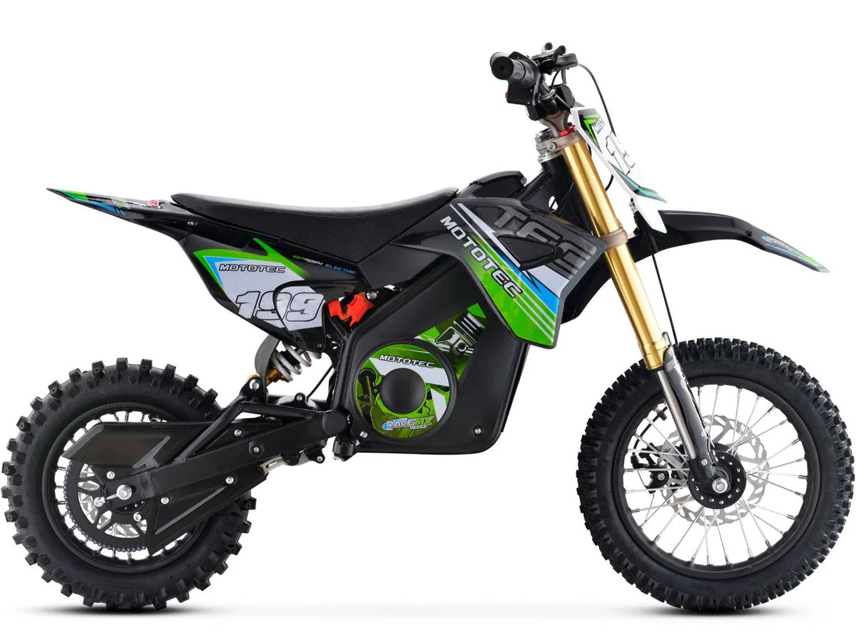 MotoTec Pro 36V 1200W electric dirt bike in green, right side profile on white background