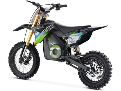 MotoTec Pro 36V 1200W electric dirt bike in green, rear three-quarter view on white background