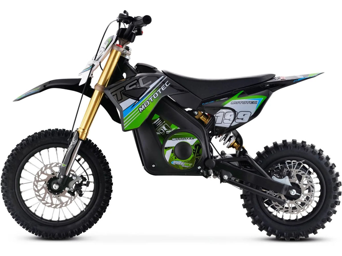 MotoTec Pro 36V 1200W electric dirt bike in green, left side profile on white background
