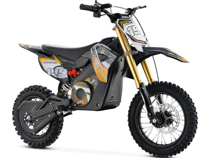 MotoTec Pro 36V 1200W electric dirt bike in orange, front three-quarter view on white background