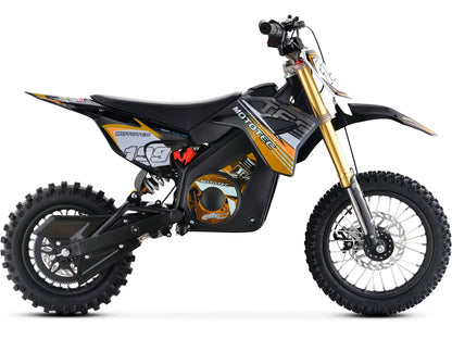 MotoTec Pro 36V 1200W electric dirt bike in orange, right side profile on white background