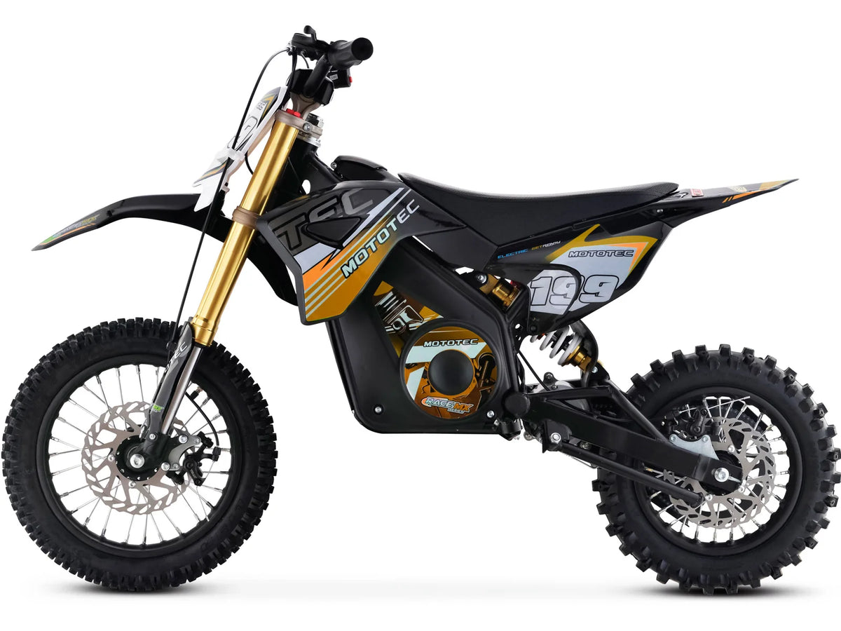 MotoTec Pro 36V 1200W electric dirt bike in orange, left side profile on white background