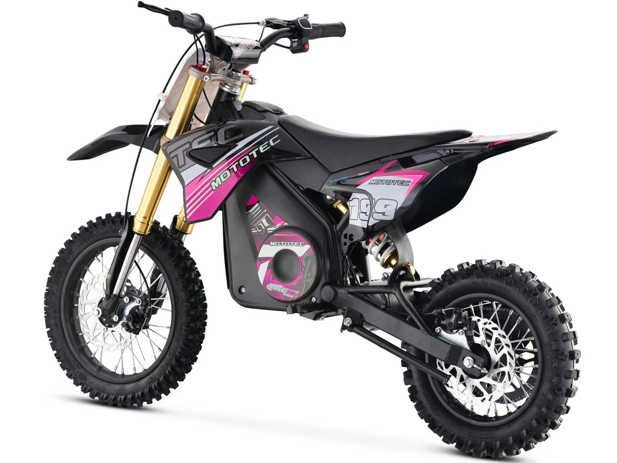 MotoTec Pro 36V 1200W electric dirt bike in pink, rear three-quarter view on white background