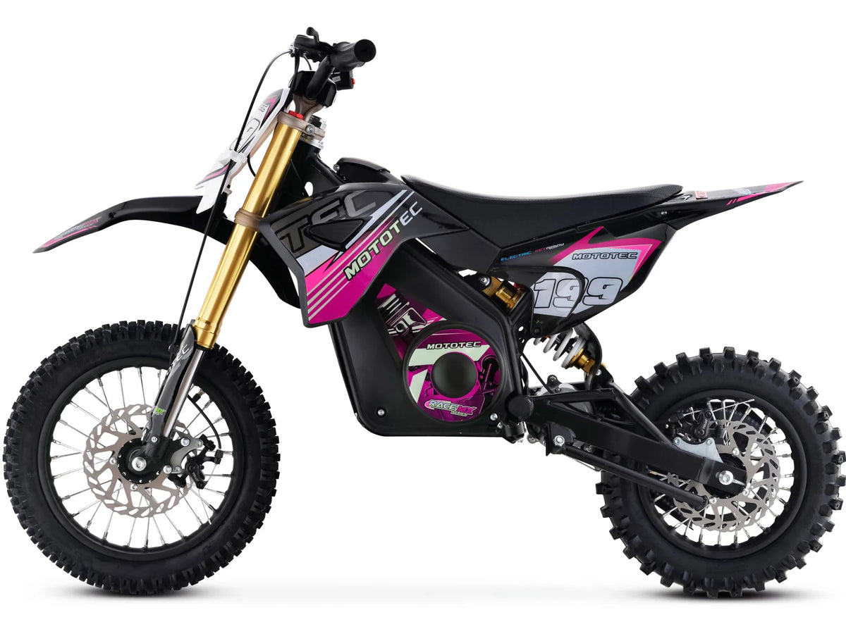 MotoTec Pro 36V 1200W electric dirt bike in pink, left side profile on white background
