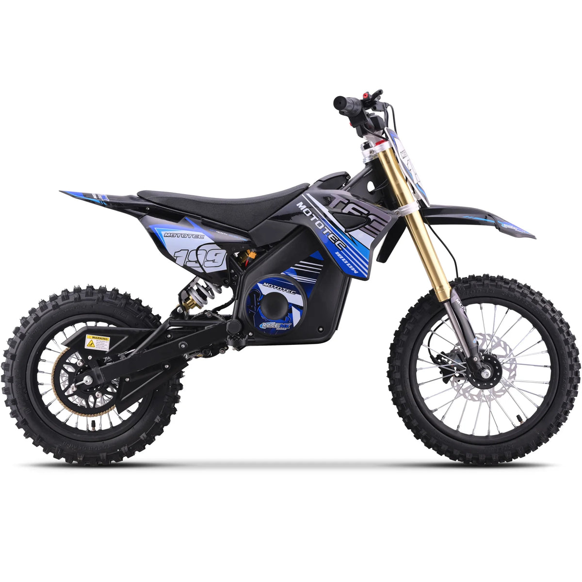 MotoTec Pro 48V 1800W electric dirt bike in blue, right side view on a white background