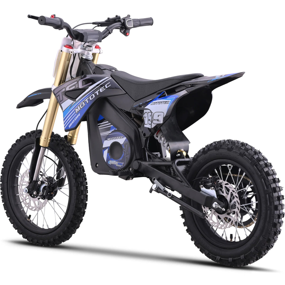 MotoTec Pro 48V 1800W electric dirt bike in blue, rear three-quarter view on a white background