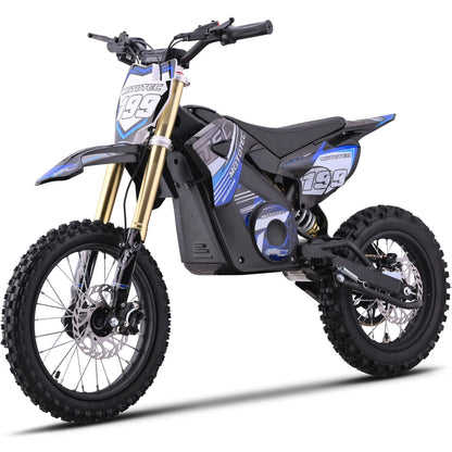MotoTec Pro 48V 1800W electric dirt bike in blue, opposite front three-quarter view on a white background