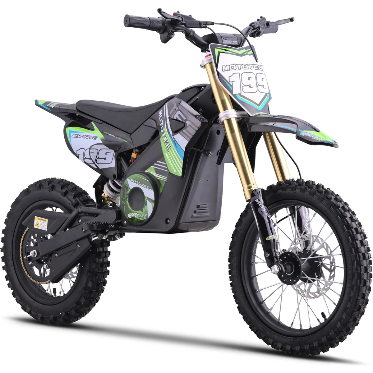MotoTec Pro 48V 1800W electric dirt bike in green, front three-quarter view on a white background
