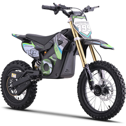 MotoTec Pro 48V 1800W electric dirt bike in green, front three-quarter view on a white background