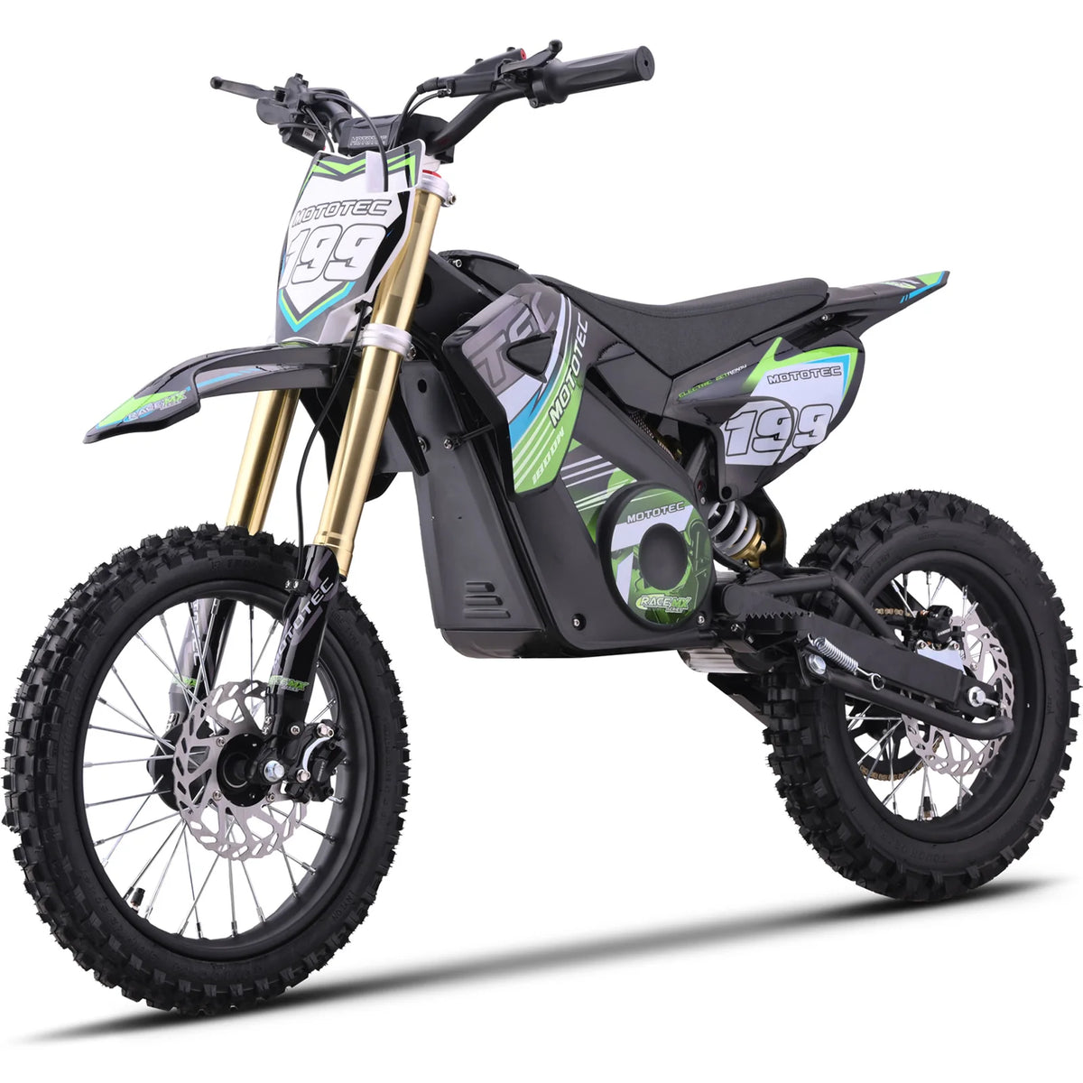 MotoTec Pro 48V 1800W electric dirt bike in green, opposite front three-quarter view on a white background