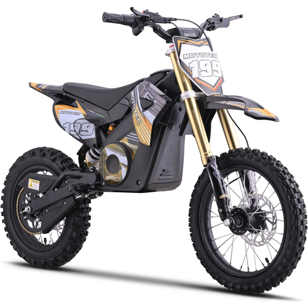 MotoTec Pro 48V 1800W electric dirt bike in orange, front three-quarter view on a white background