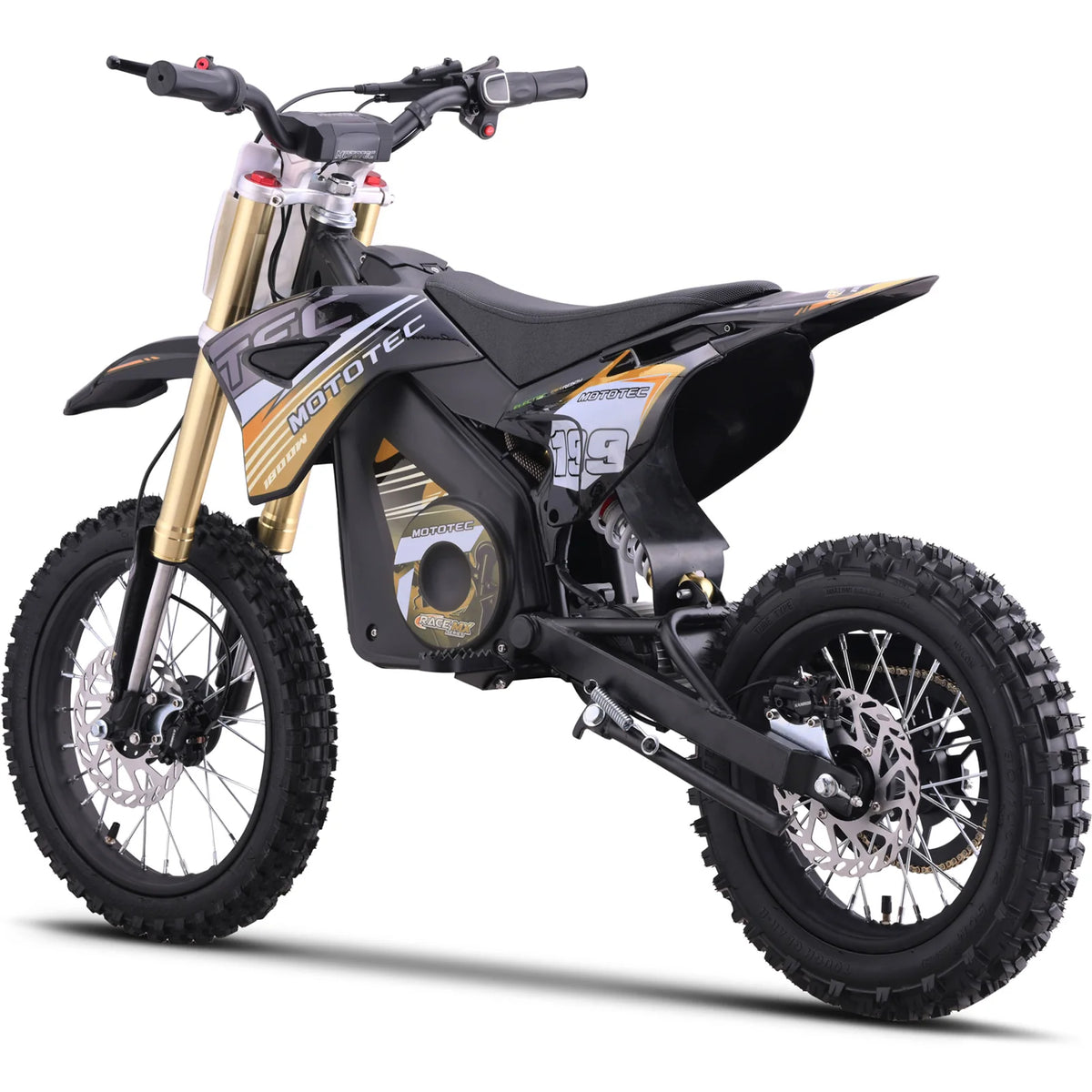 MotoTec Pro 48V 1800W electric dirt bike in orange, rear three-quarter view on a white background