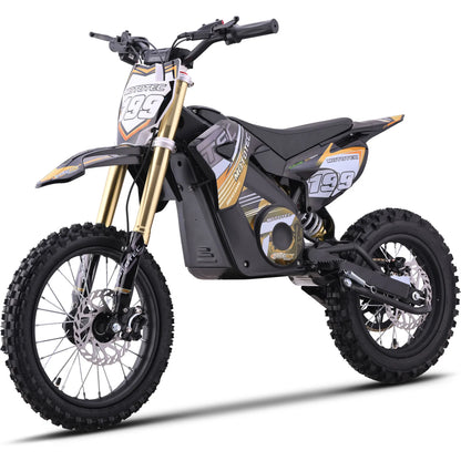MotoTec Pro 48V 1800W electric dirt bike in orange, opposite front three-quarter view on a white background