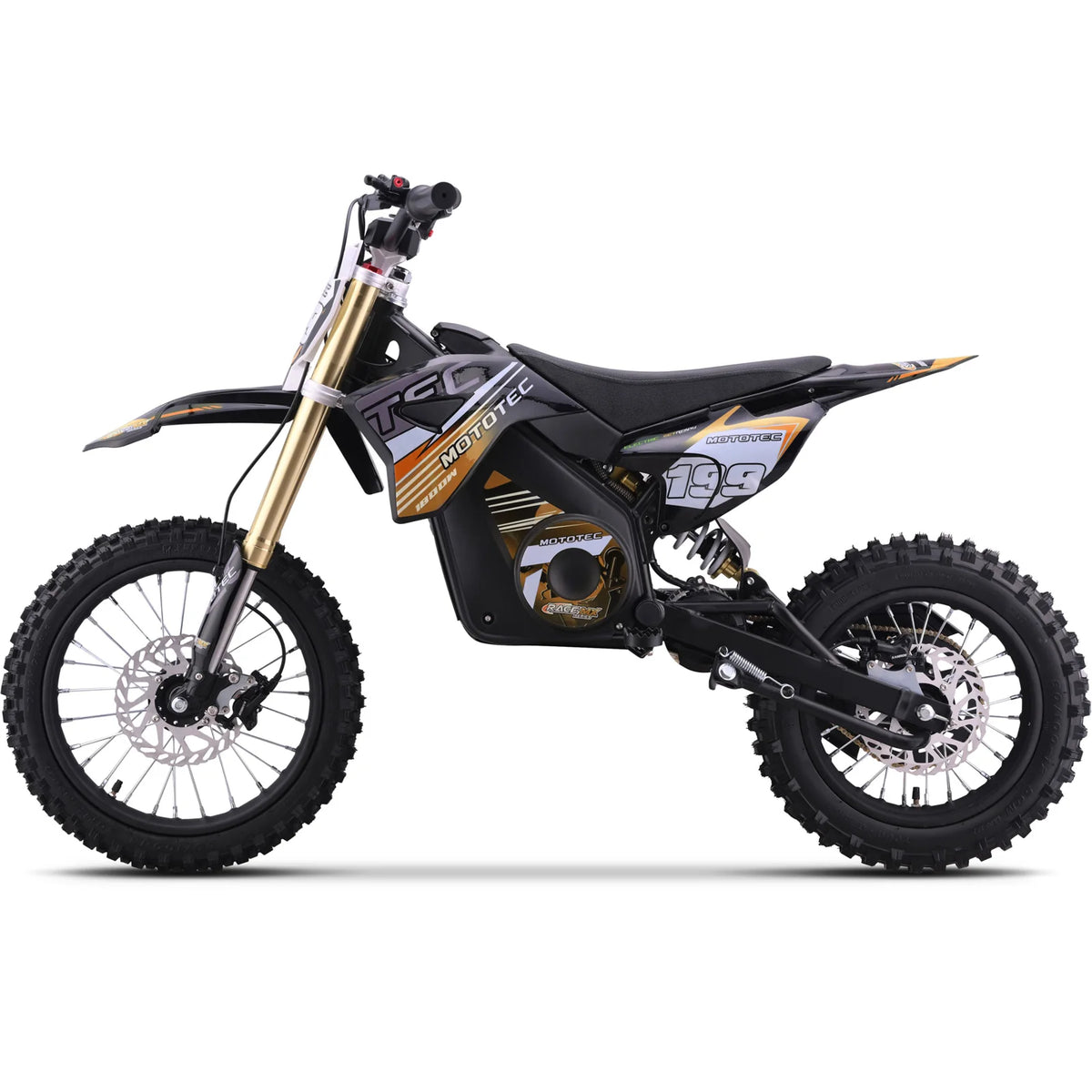 MotoTec Pro 48V 1800W electric dirt bike in orange, left side view on a white background