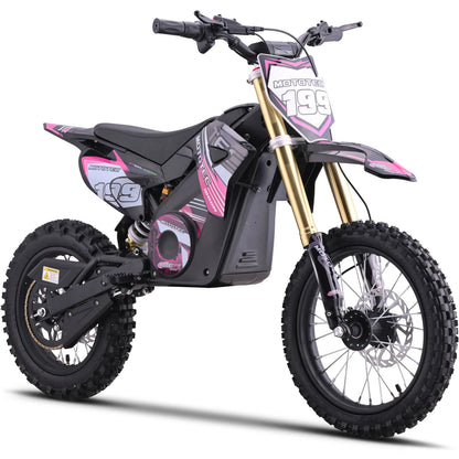 MotoTec Pro 48V 1800W electric dirt bike in pink, front three-quarter view on a white background
