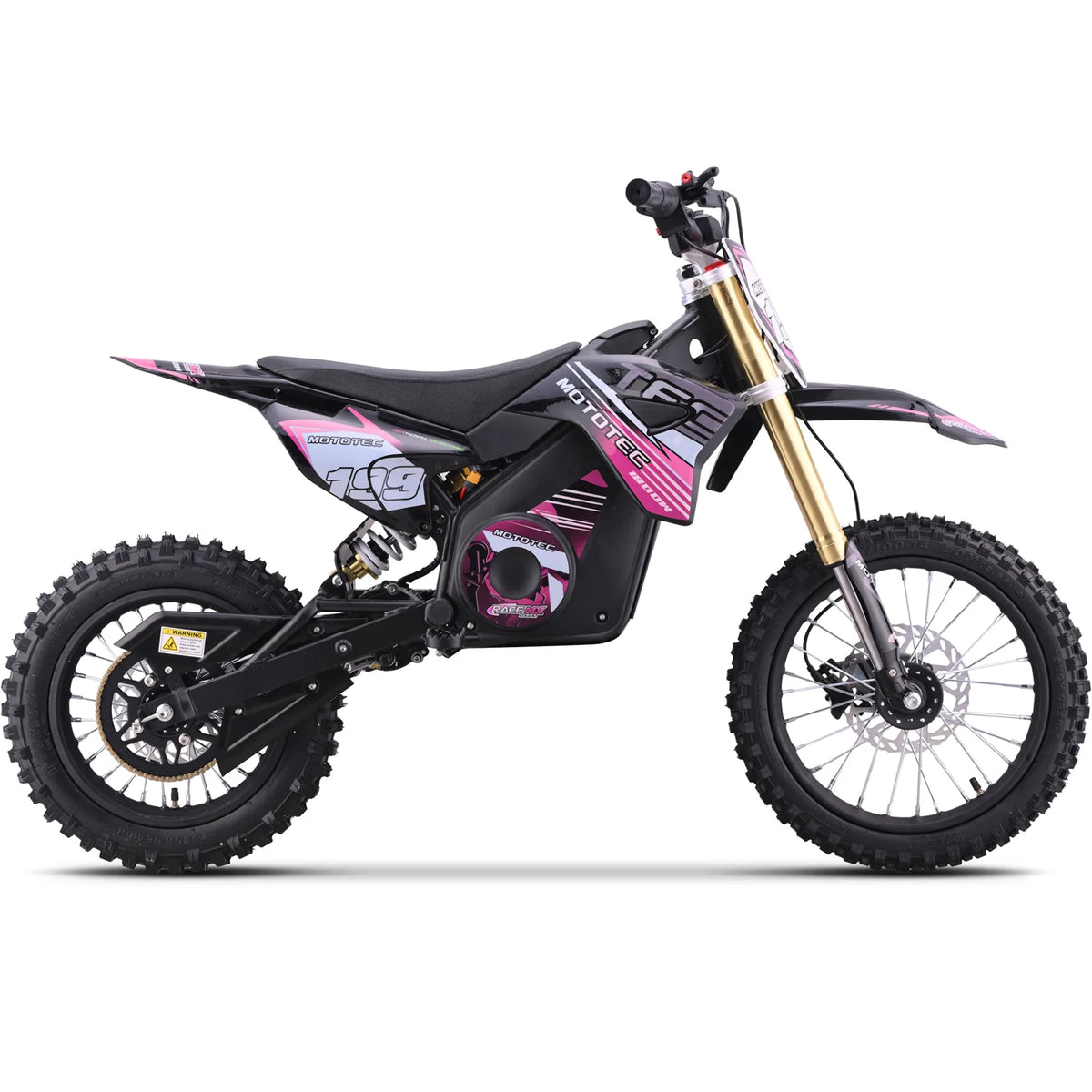 MotoTec Pro 48V 1800W electric dirt bike in pink, right side view on a white background