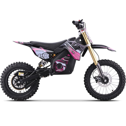 MotoTec Pro 48V 1800W electric dirt bike in pink, right side view on a white background