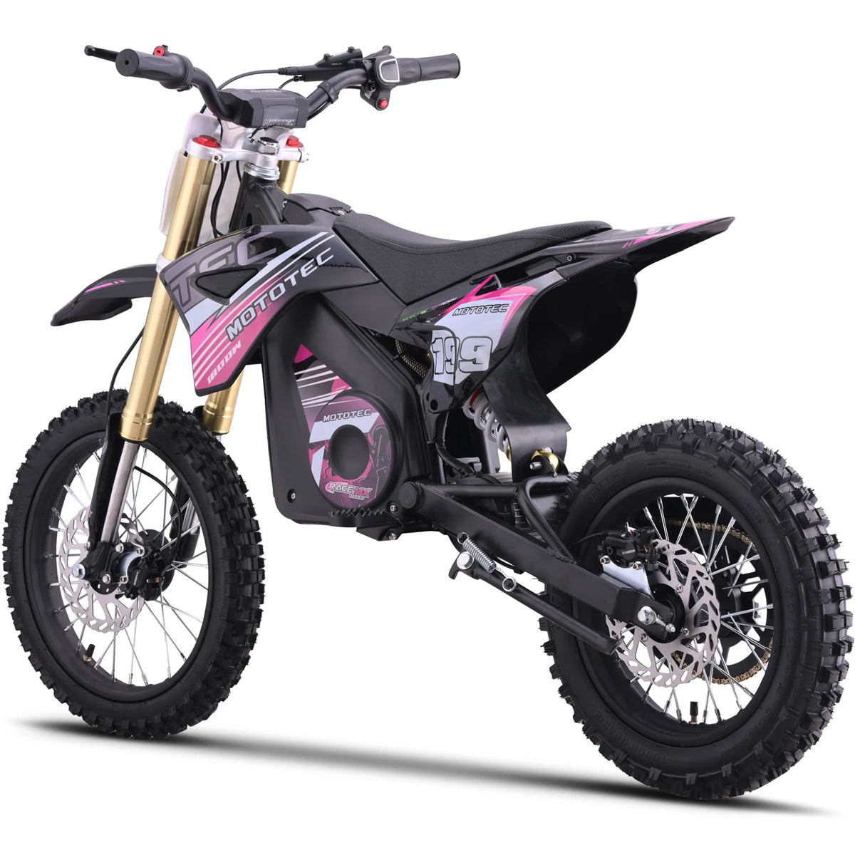 MotoTec Pro 48V 1800W electric dirt bike in pink, rear three-quarter view on a white background