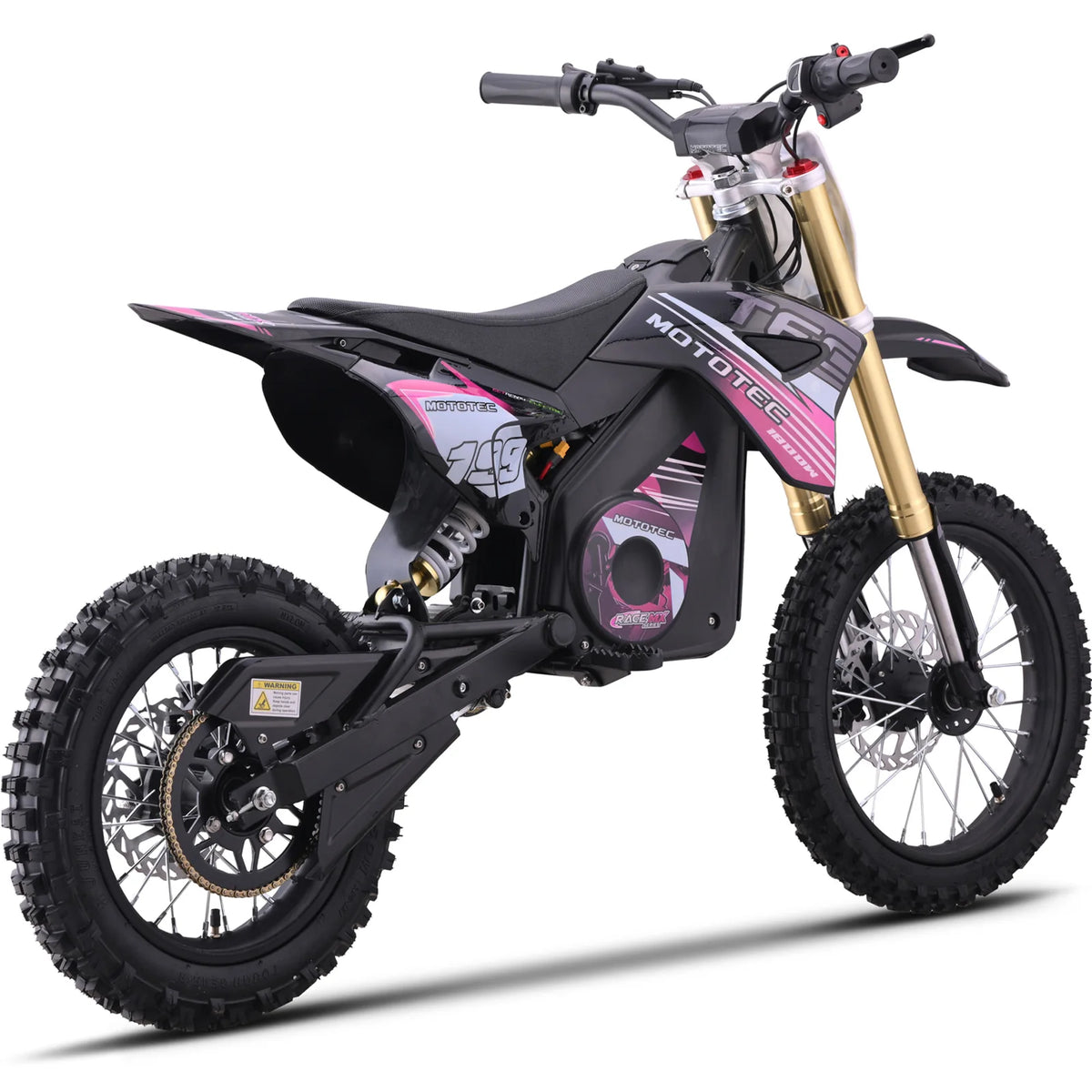 MotoTec Pro 48V 1800W electric dirt bike in pink, opposite rear three-quarter view on a white background