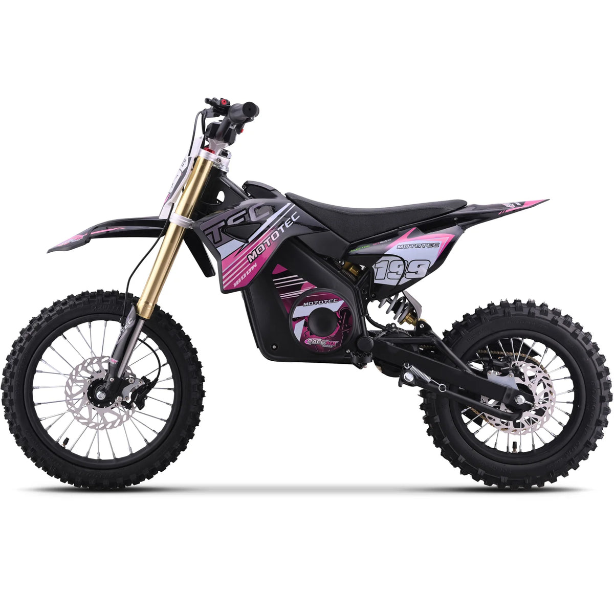 MotoTec Pro 48V 1800W electric dirt bike in pink, left side view on a white background