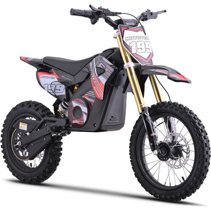 MotoTec Pro 48V 1800W electric dirt bike in red, front three-quarter view on a white background