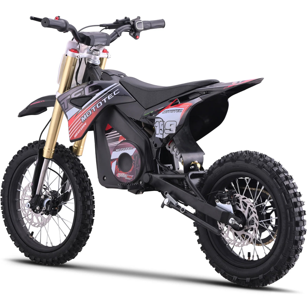MotoTec Pro 48V 1800W electric dirt bike in red, rear three-quarter view on a white background