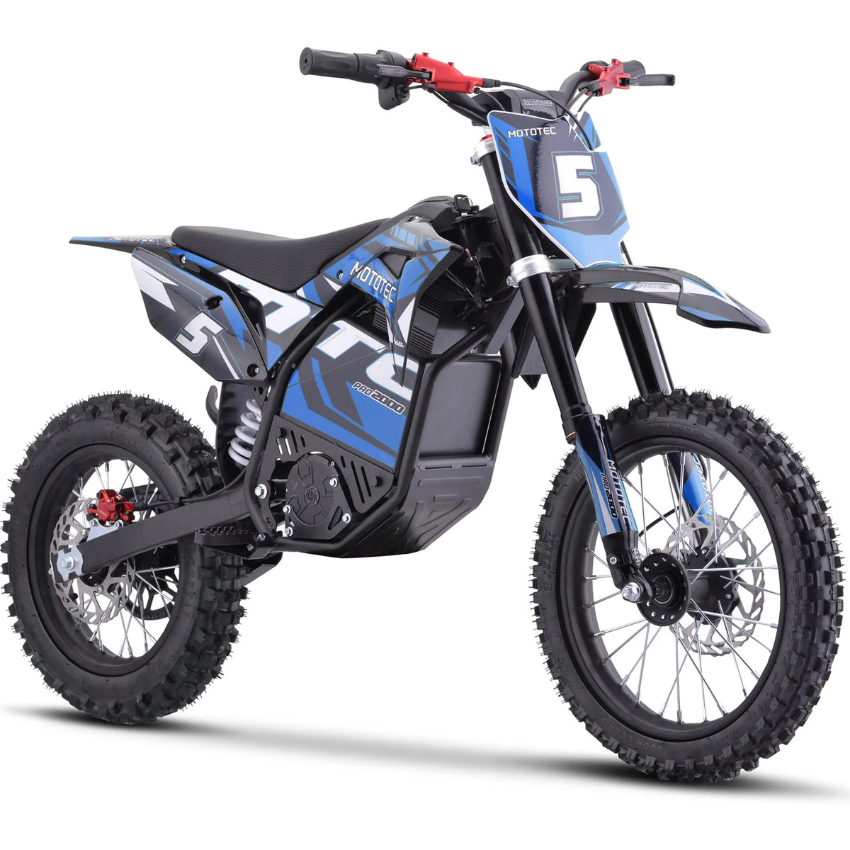 MotoTec Pro 60V 2000W electric dirt bike in blue, front three-quarter view on a white background