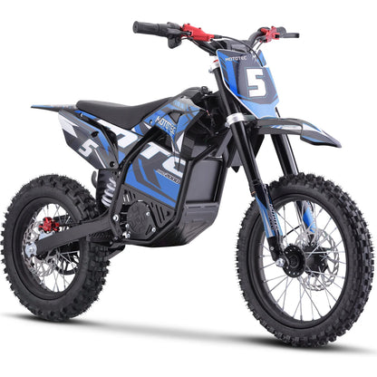 MotoTec Pro 60V 2000W electric dirt bike in blue, front three-quarter view on a white background