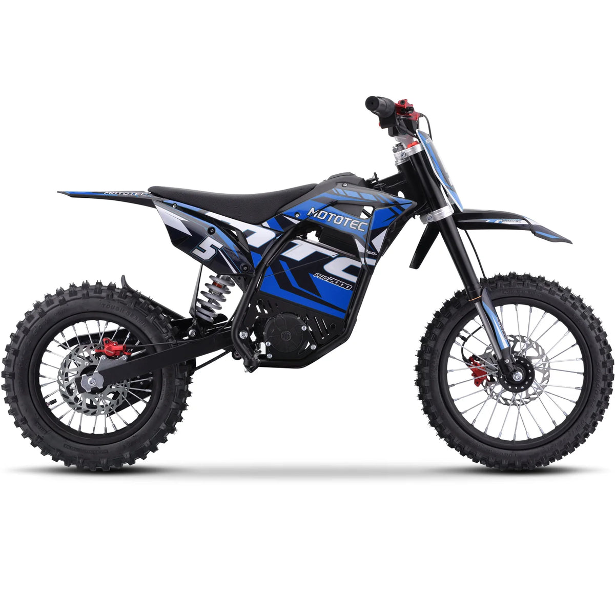 MotoTec Pro 60V 2000W electric dirt bike in blue, right side view on a white background