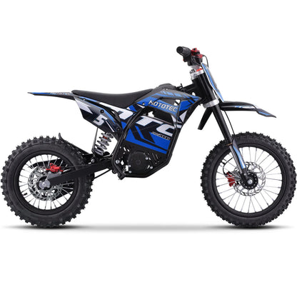 MotoTec Pro 60V 2000W electric dirt bike in blue, right side view on a white background