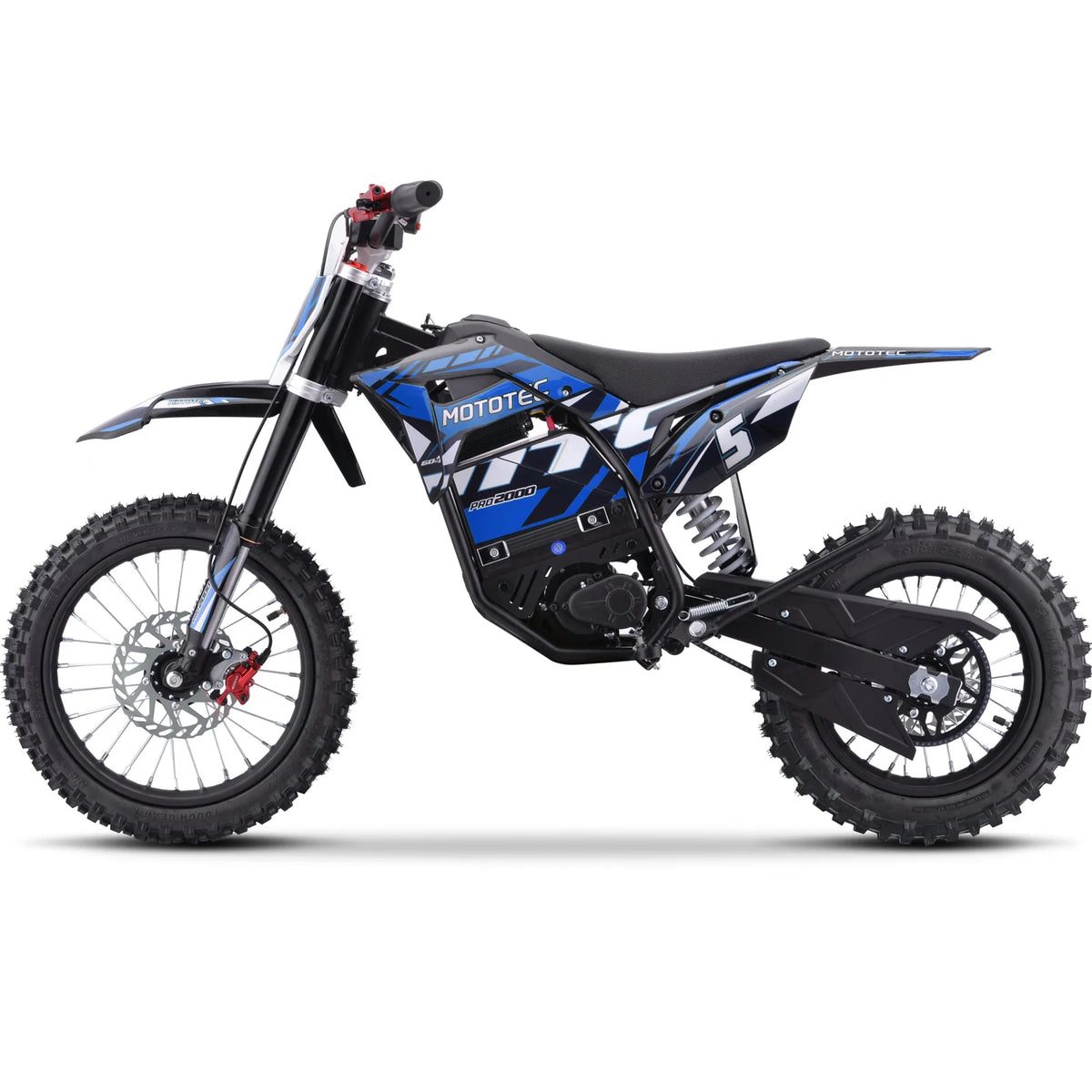 MotoTec Pro 60V 2000W electric dirt bike in blue, left side view on a white background
