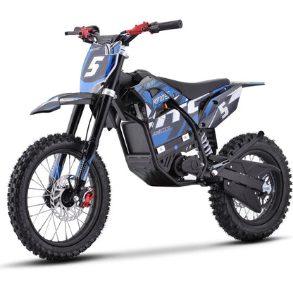 MotoTec Pro 60V 2000W electric dirt bike in blue, opposite front three-quarter view on a white background