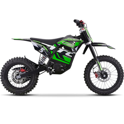 MotoTec Pro 60V 2000W electric dirt bike in green, right side view on a white background