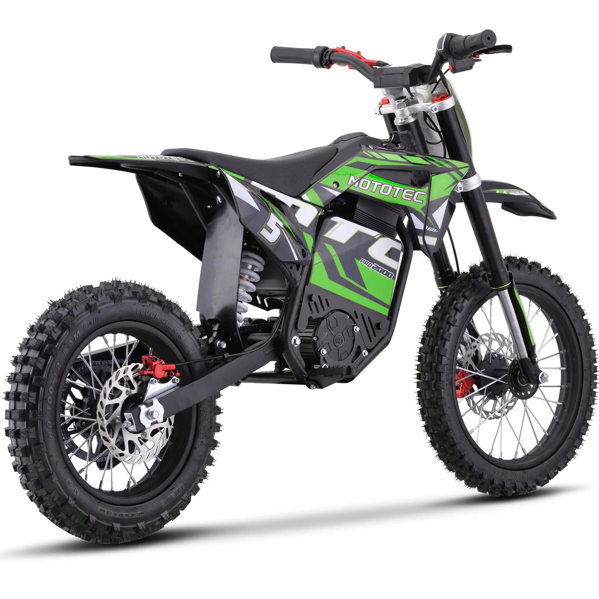MotoTec Pro 60V 2000W electric dirt bike in green, rear three-quarter view on a white background