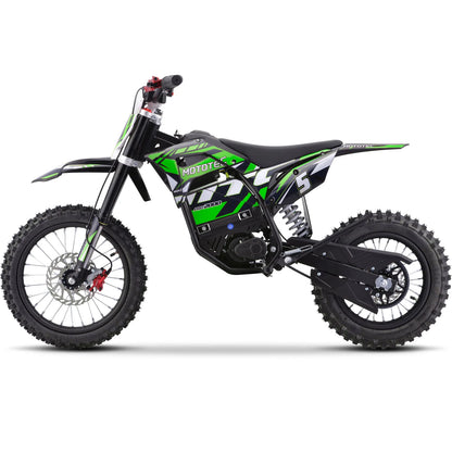 MotoTec Pro 60V 2000W electric dirt bike in green, left side view on a white background