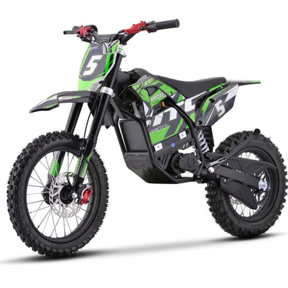 MotoTec Pro 60V 2000W electric dirt bike in green, opposite front three-quarter view on a white background