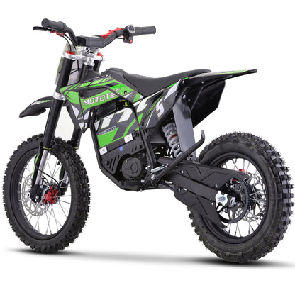 MotoTec Pro 60V 2000W electric dirt bike in green, opposite rear three-quarter view on a white background