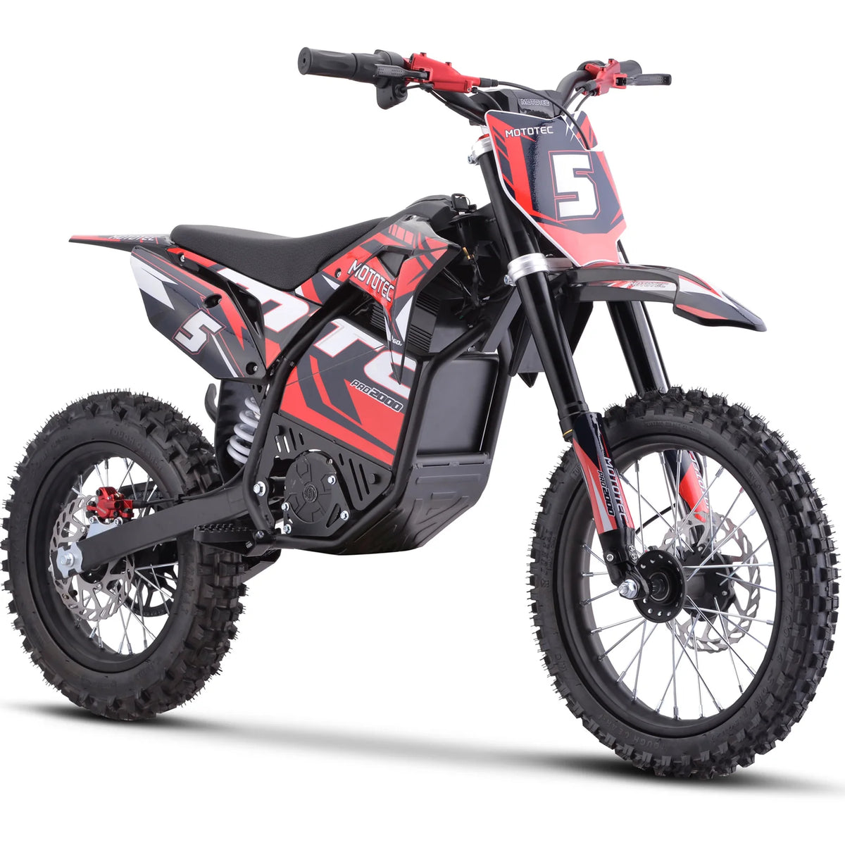 MotoTec Pro 60V 2000W electric dirt bike in red, front three-quarter view on a white background