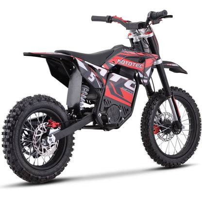 MotoTec Pro 60V 2000W electric dirt bike in red, rear three-quarter view on a white background