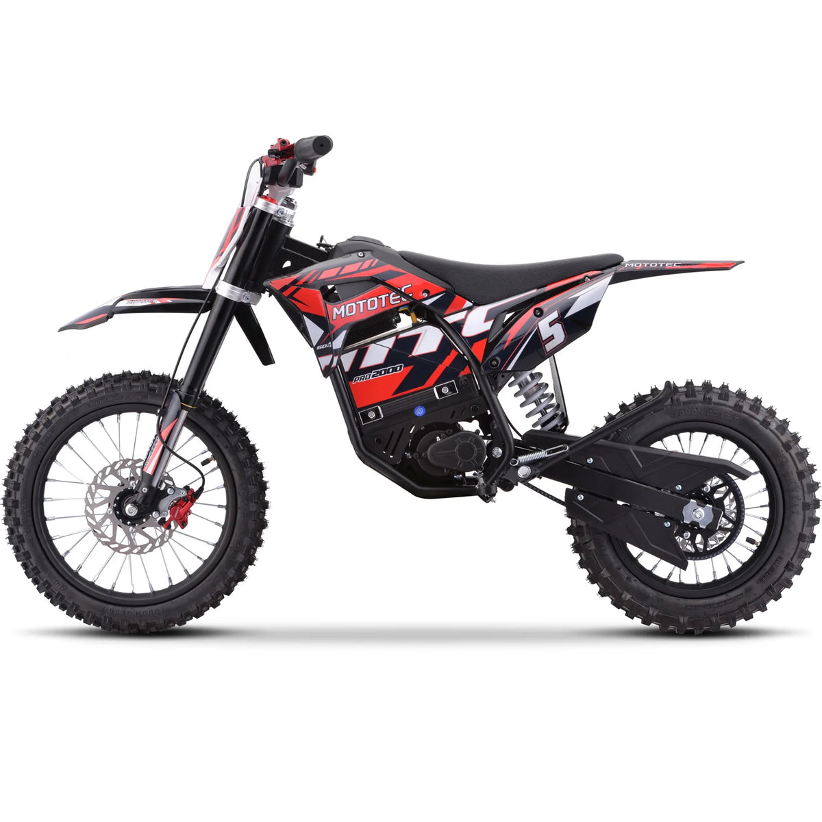 MotoTec Pro 60V 2000W electric dirt bike in red, left side view on a white background