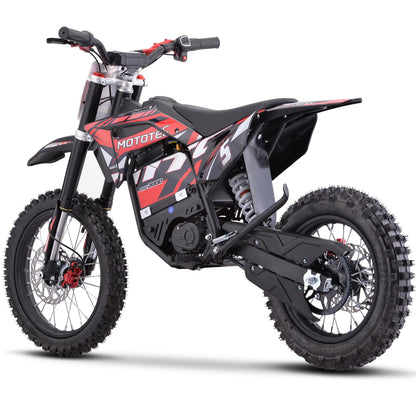 MotoTec Pro 60V 2000W electric dirt bike in red, opposite rear three-quarter view on a white background