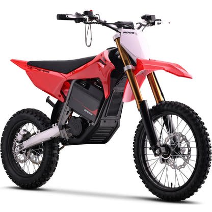 MotoTec Pro 72V 8000W 17/14 electric dirt bike in red, front three-quarter view