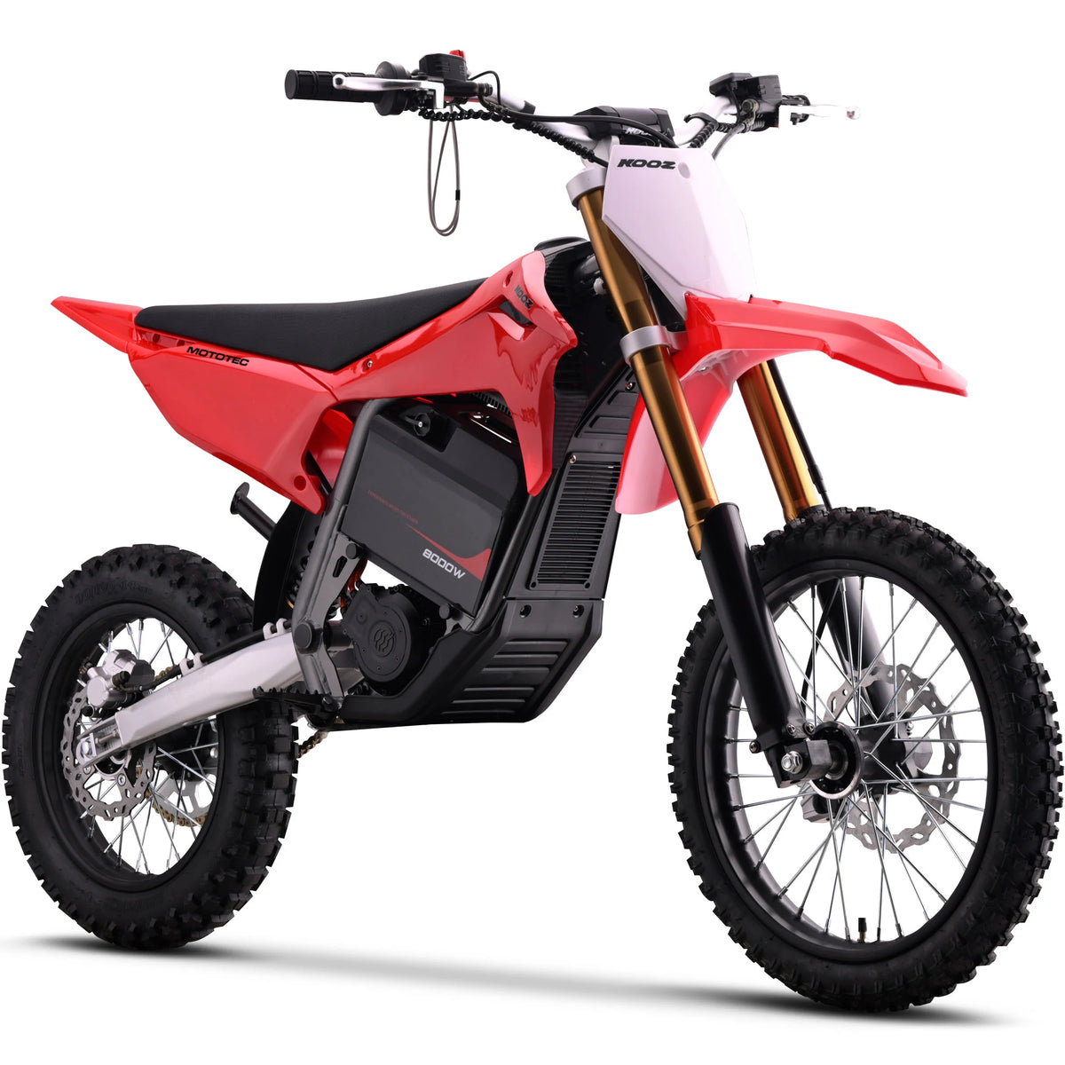 MotoTec Pro 72V 8000W 17/14 electric dirt bike in red, front three-quarter view