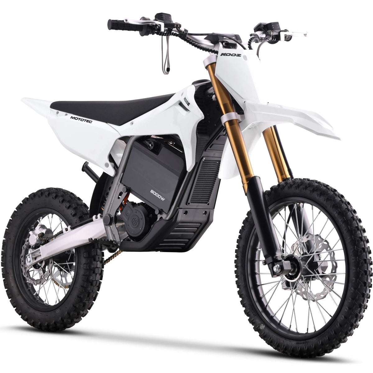 MotoTec Pro 72V 8000W 17/14 electric dirt bike in white, front three-quarter view
