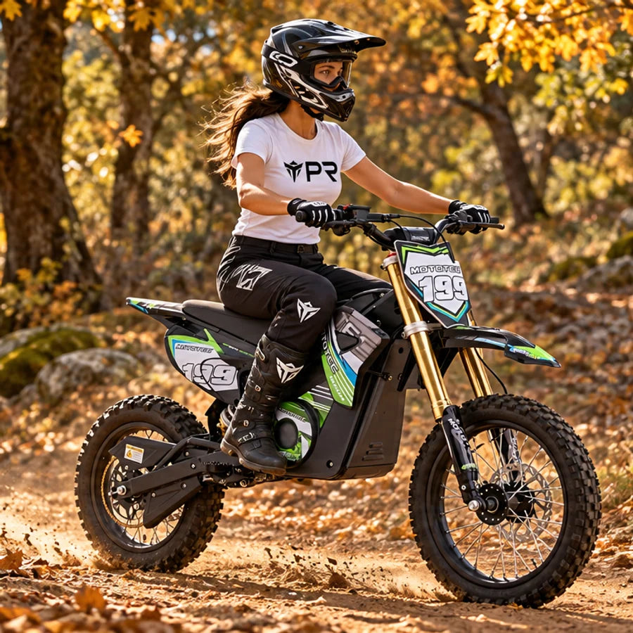 A helmeted rider wearing a white Punk Ride logo T-shirt rides the MotoTec Pro 48V 1800W Electric Off-Road Bike in an autumn setting. Mobile collection banner.