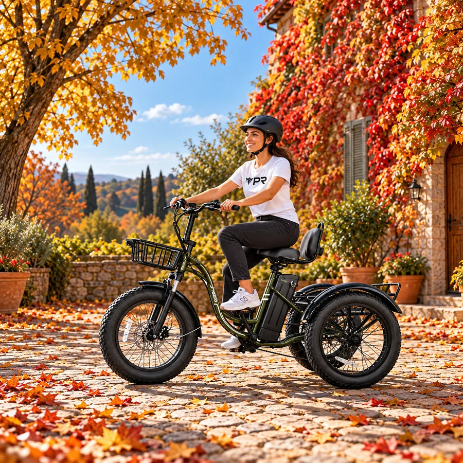A helmeted rider wearing a white Punk Ride logo T-shirt rides the NAKTO S03 Fat-Tire Electric Tricycle in an autumn setting. Mobile collection banner.