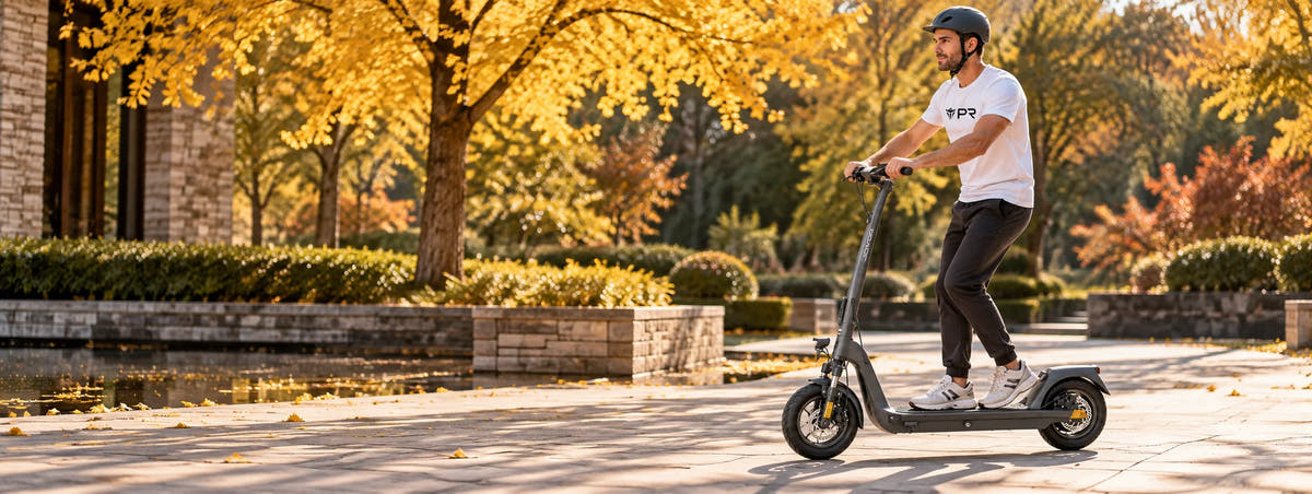 A helmeted rider wearing a white Punk Ride logo T-shirt rides the JOYOR C10E Electric Scooter in an autumn setting. Desktop collection banner.