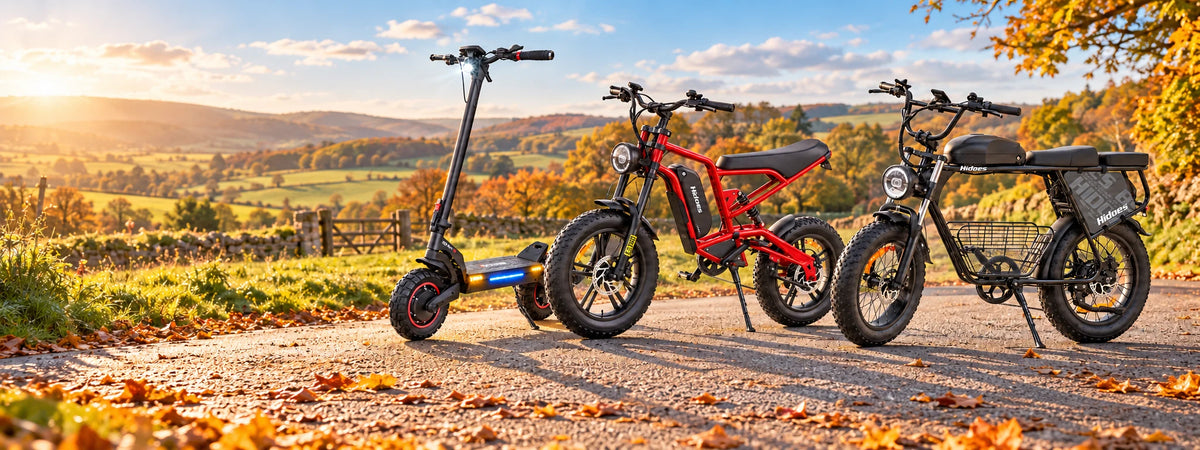 Three electric mobility products are parked on a gravel path outdoors in a scenic autumn landscape: a black scooter with a blue deck, a red fat-tire electric bike, and a black cargo electric bike with a rear basket. The background shows rolling hills, fields, and trees with golden and orange foliage under a blue sky with sunlight breaking through clouds.