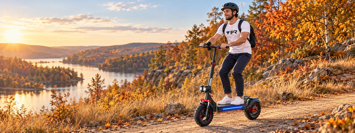 Helmeted rider wearing a white Punk Ride T-shirt, riding the ISCOOTER iX5S Scooter in an autumn setting.