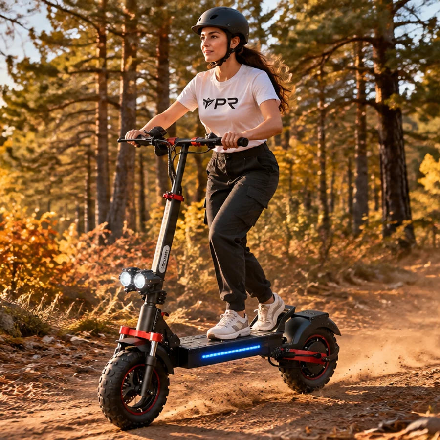 A helmeted rider wearing a white Punk Ride logo T-shirt rides the ISCOOTER iX5S Electric Scooter in an autumn setting. Mobile collection banner.